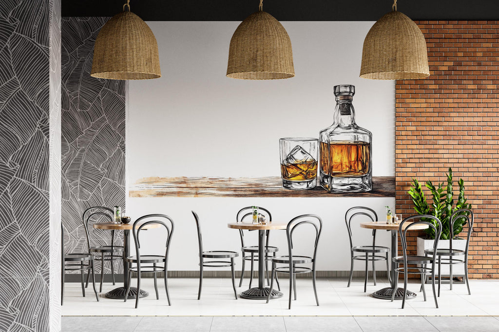 Whiskey Bar Wall Mural, Bourbon Bottle Wall Art, Modern Bar Interior Decor, Lounge Wall Design 416mv