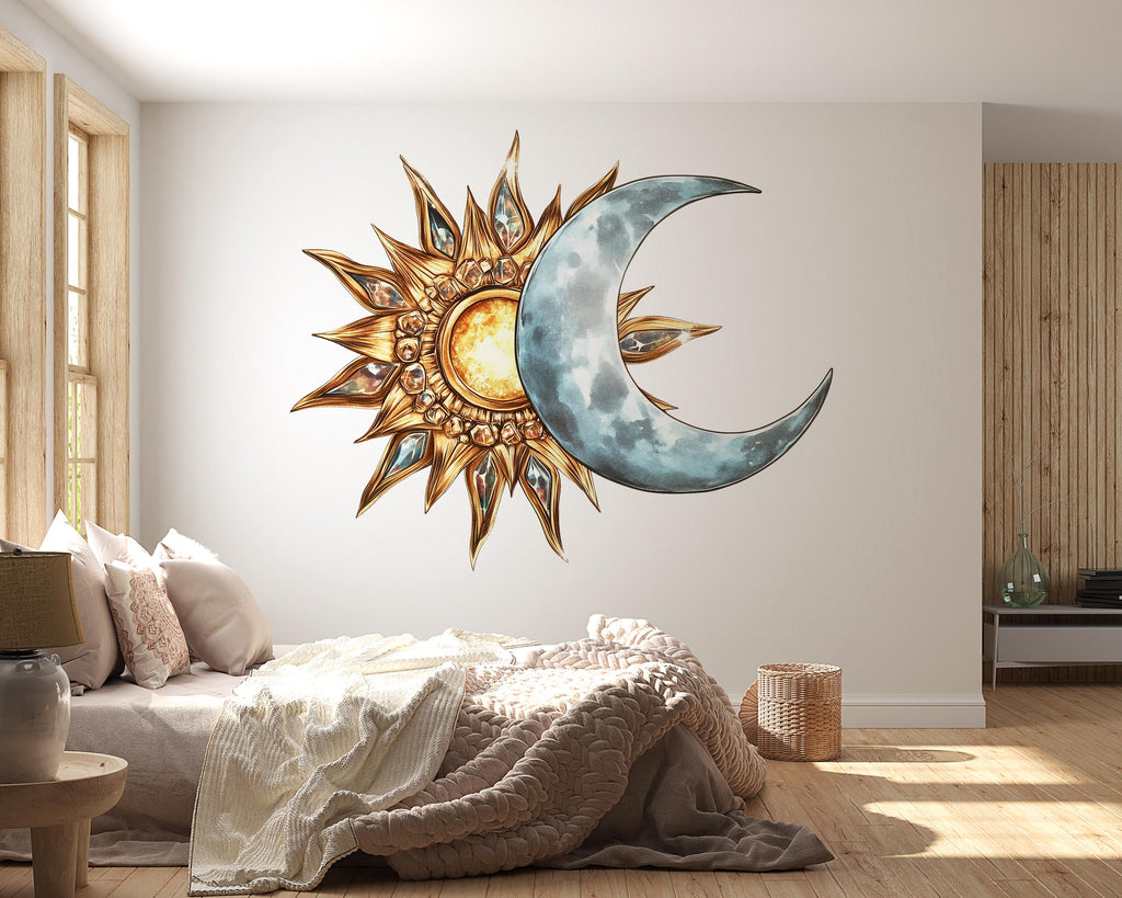 Sun and Moon Wall Mural, Celestial Wall Art, Boho Bedroom Decor, Mystic Home Design 423mv