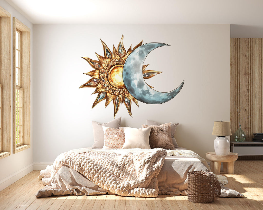 Sun and Moon Wall Mural, Celestial Wall Art, Boho Bedroom Decor, Mystic Home Design 423mv