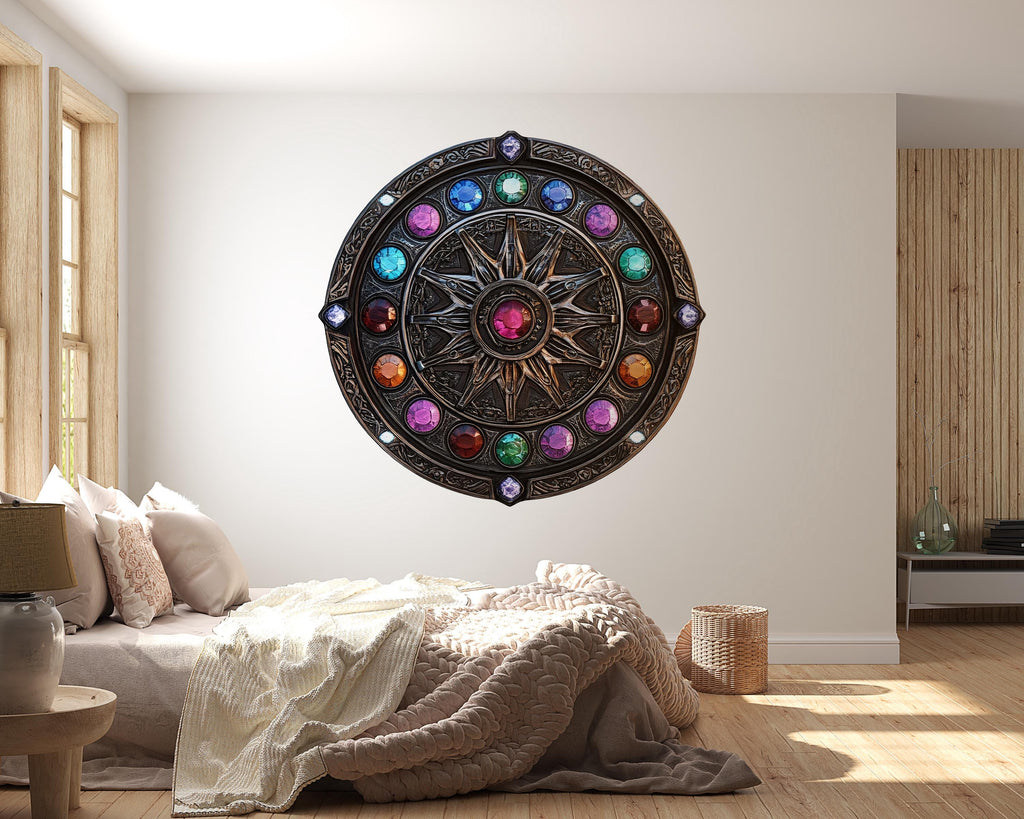 Mystic Compass Wall Art, Arcane Wheel Mural, Jewel Rune Decor, Gothic Fantasy Wall Art 434mv
