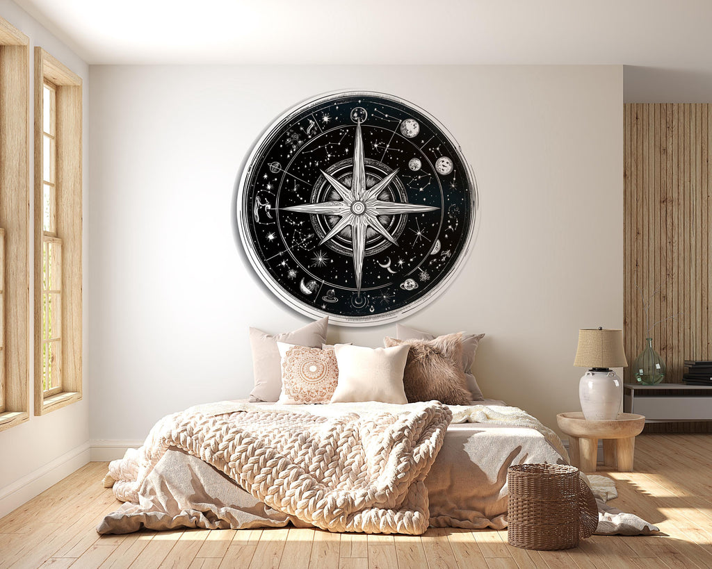 Celestial Compass Wall Art, Star Map Mandala, Astrology Wall Decor, Cosmic Bedroom Art 436mv