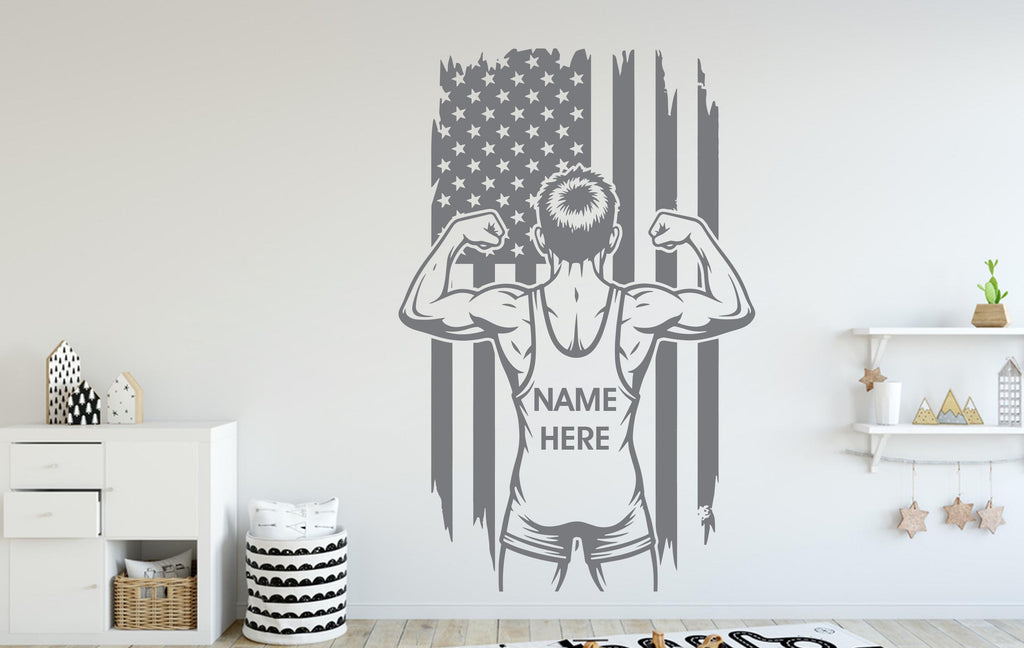 Custom Name Wrestler Wall Decal, Wrestling American Flag Kids Room Decor