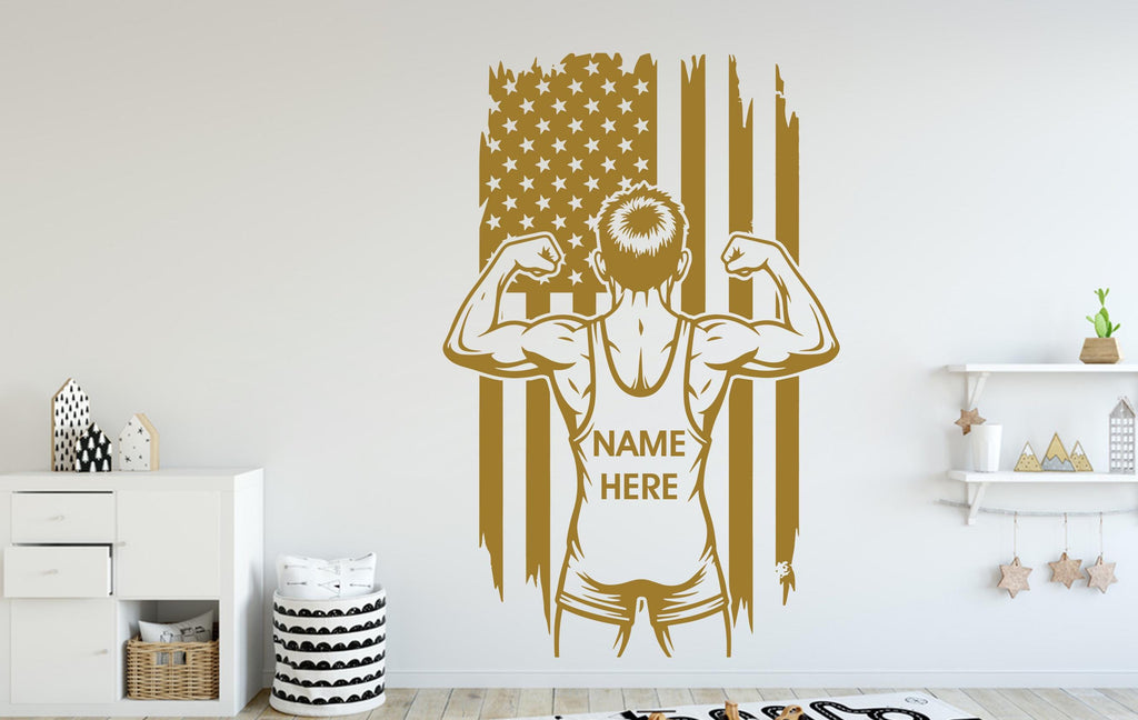 Custom Name Wrestler Wall Decal, Wrestling American Flag Kids Room Decor