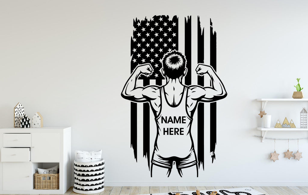 Custom Name Wrestler Wall Decal, Wrestling American Flag Kids Room Decor