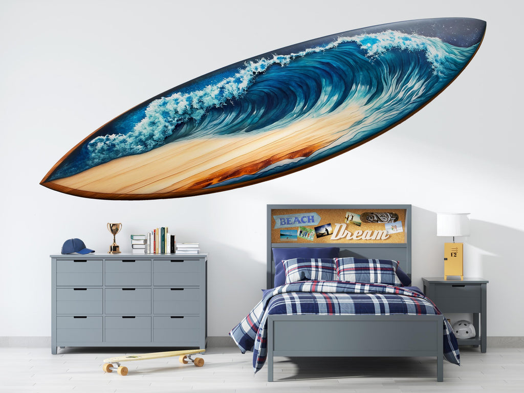 Surfboard Wave Wall Art, Ocean Surf Decor, Coastal Art 444mv