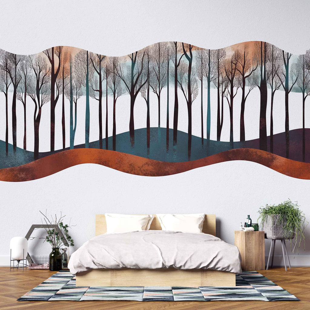 Abstract Forest Wave Wall Decal Sticker | Modern Woodland Wall Art | Minimalist Tree Landscape | Scandinavian Bedroom Decor