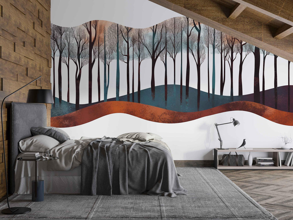 Abstract Forest Wave Wall Decal Sticker | Modern Woodland Wall Art | Minimalist Tree Landscape | Scandinavian Bedroom Decor