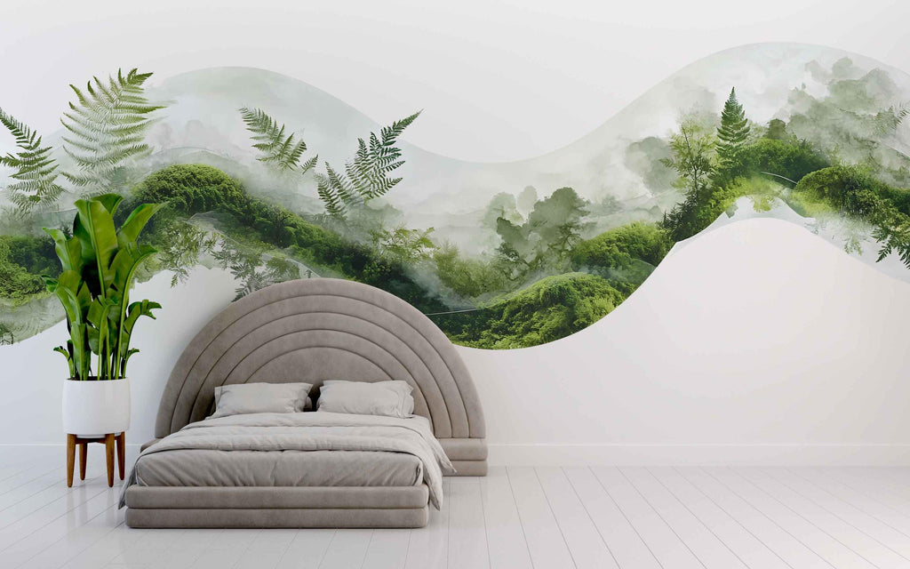 Green Moss Forest Wave Wall Decal Sticker | Botanical Nature Wall Art | Organic Forest Wall Decor | Minimalist Bedroom Wall Mural