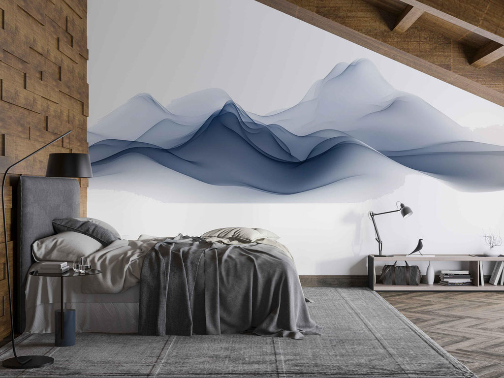 Abstract Mountain Wall Decal Sticker | Blue Wave Landscape Wall Art | Modern Minimal Wall Decor | Neutral Bedroom Wall Mural