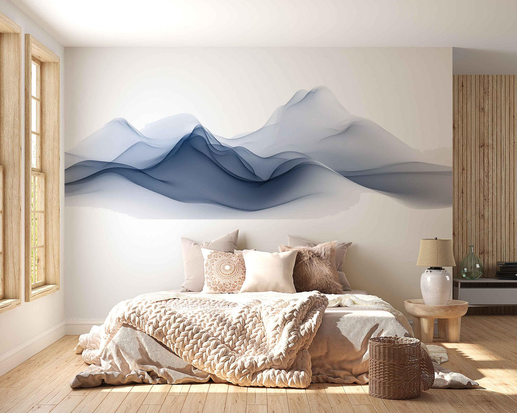 Abstract Mountain Wall Decal Sticker | Blue Wave Landscape Wall Art | Modern Minimal Wall Decor | Neutral Bedroom Wall Mural
