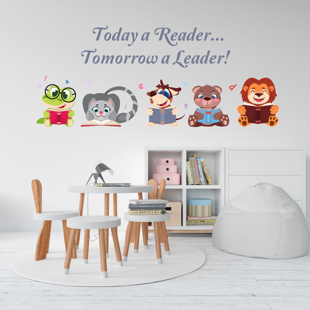 Cute Reading Animals Wall Decal – “Today a Reader, Tomorrow a Leader” – Nursery & Kids Room Book Lover Decor 722LU