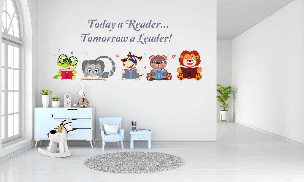 Cute Reading Animals Wall Decal – “Today a Reader, Tomorrow a Leader” – Nursery & Kids Room Book Lover Decor 722LU