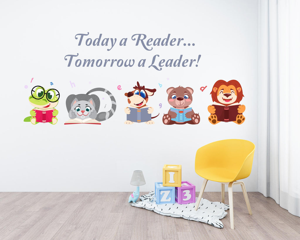 Cute Reading Animals Wall Decal – “Today a Reader, Tomorrow a Leader” – Nursery & Kids Room Book Lover Decor 722LU