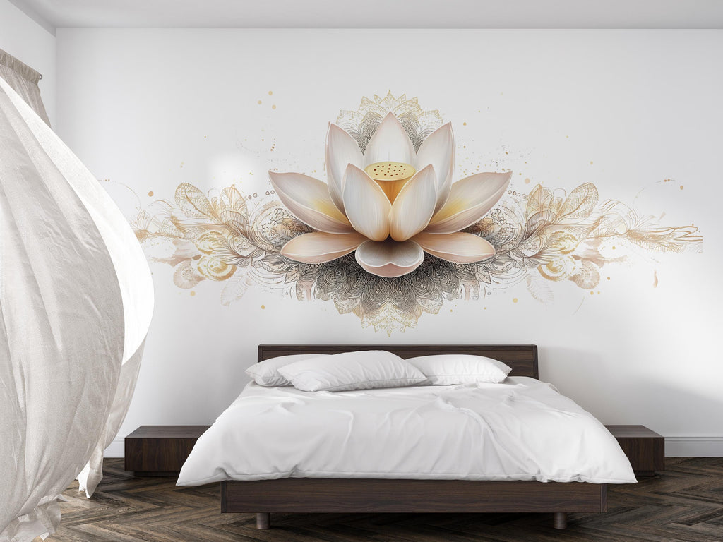 Elegant Lotus Flower Wall Decal Gold Lotus Wall Art Peel And Stick Boho Floral Wall Sticker Bedroom Meditation Decor