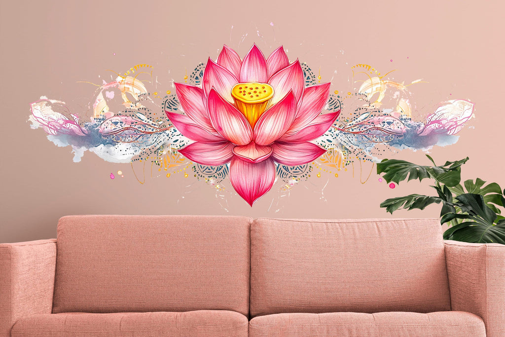 Pink Lotus Flower Wall Decal Watercolor Lotus Wall Art Peel And Stick Boho Floral Wall Sticker Bedroom Meditation Decor