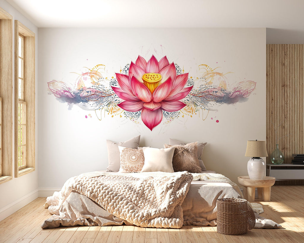 Pink Lotus Flower Wall Decal Watercolor Lotus Wall Art Peel And Stick Boho Floral Wall Sticker Bedroom Meditation Decor