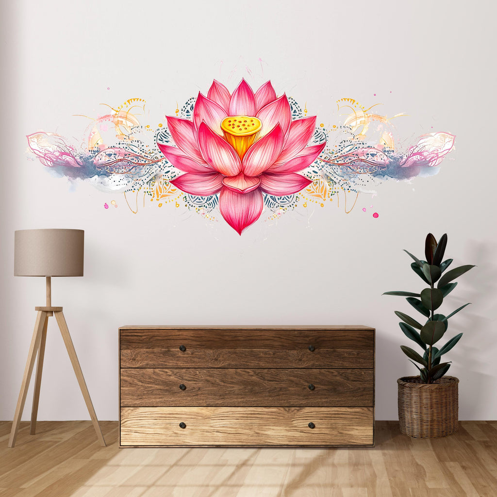 Pink Lotus Flower Wall Decal Watercolor Lotus Wall Art Peel And Stick Boho Floral Wall Sticker Bedroom Meditation Decor