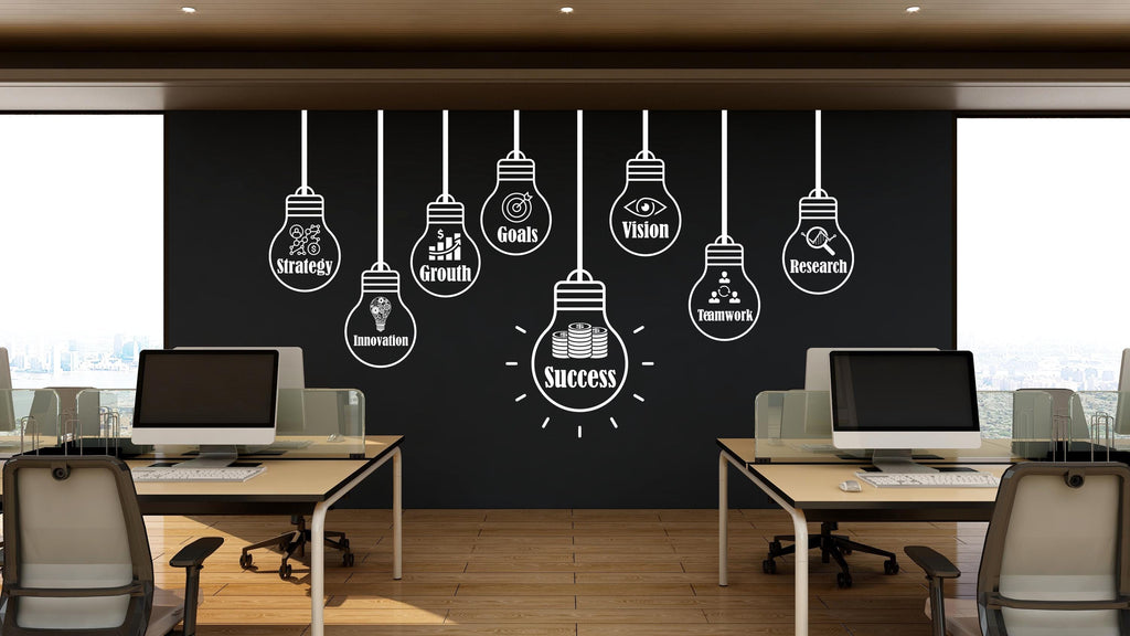 Business Motivation Wall Decal – Strategy Growth Goals Vision Success – Lightbulb Office Wall Sticker, Entrepreneur & Startup Decor 736LU