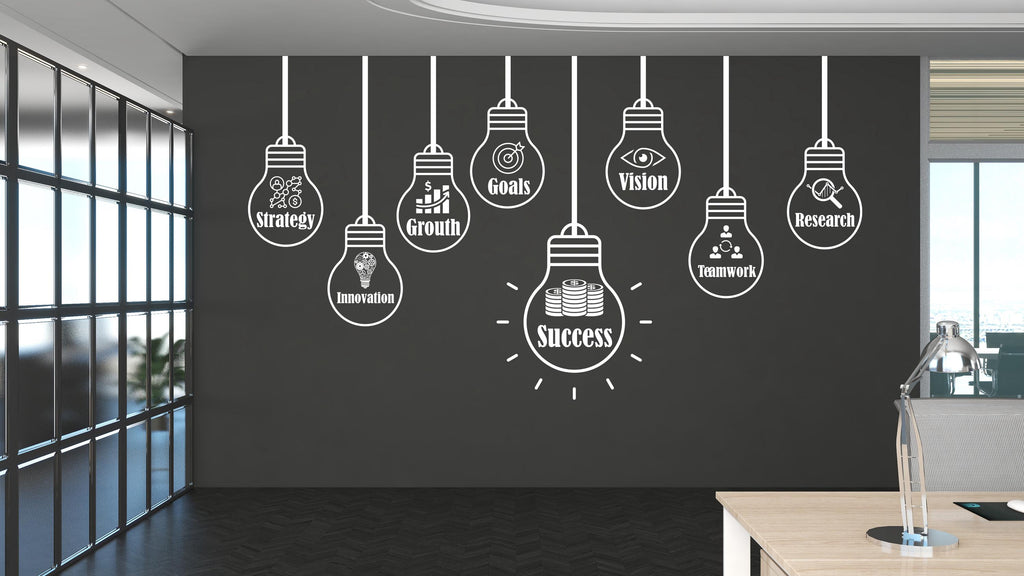 Business Motivation Wall Decal – Strategy Growth Goals Vision Success – Lightbulb Office Wall Sticker, Entrepreneur & Startup Decor 736LU