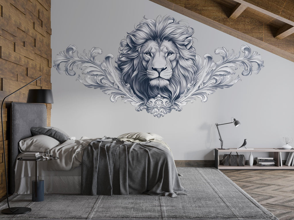 Large Lion Wall Decal, Regal Lion Wall Art Sticker, Elegant Lion Wall Decor, Modern Animal Wall Decal, Luxury Bedroom Statement Wall