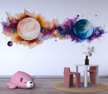 Load image into Gallery viewer, Colorful Planet Wall Art, Watercolor Galaxy Nursery Decor, Space Kids Room Art, Cosmic Nursery Wall Mural 153mv