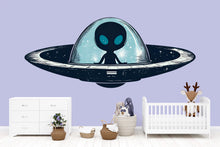 Load image into Gallery viewer, Cute Alien Wall Art, UFO Nursery Decor, Space Kids Room Art, Alien Spaceship Wall Mural 154mv