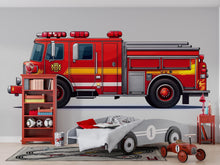 Load image into Gallery viewer, Fire Truck Wall Art for Kids Room, Firefighter Nursery Decor, Red Fire Engine Wall Mural 178mv