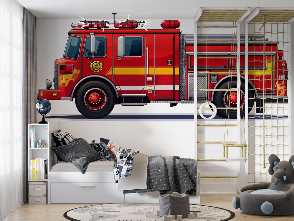 Fire Truck Wall Art for Kids Room, Firefighter Nursery Decor, Red Fire Engine Wall Mural 178mv