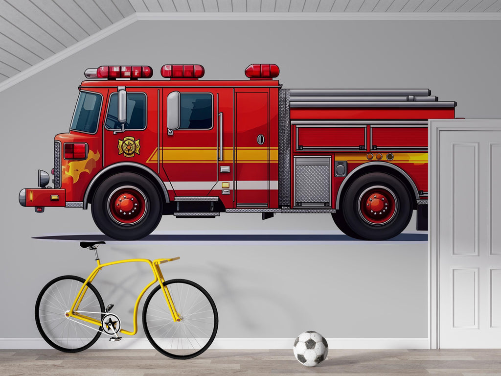Fire Truck Wall Art for Kids Room, Firefighter Nursery Decor, Red Fire Engine Wall Mural 178mv
