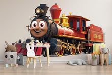 Load image into Gallery viewer, Cute Red Train Wall Decal for Kids Room, Smiling Steam Train Nursery Decor, Cartoon Train Wall Sticker, Playroom Art 190mv