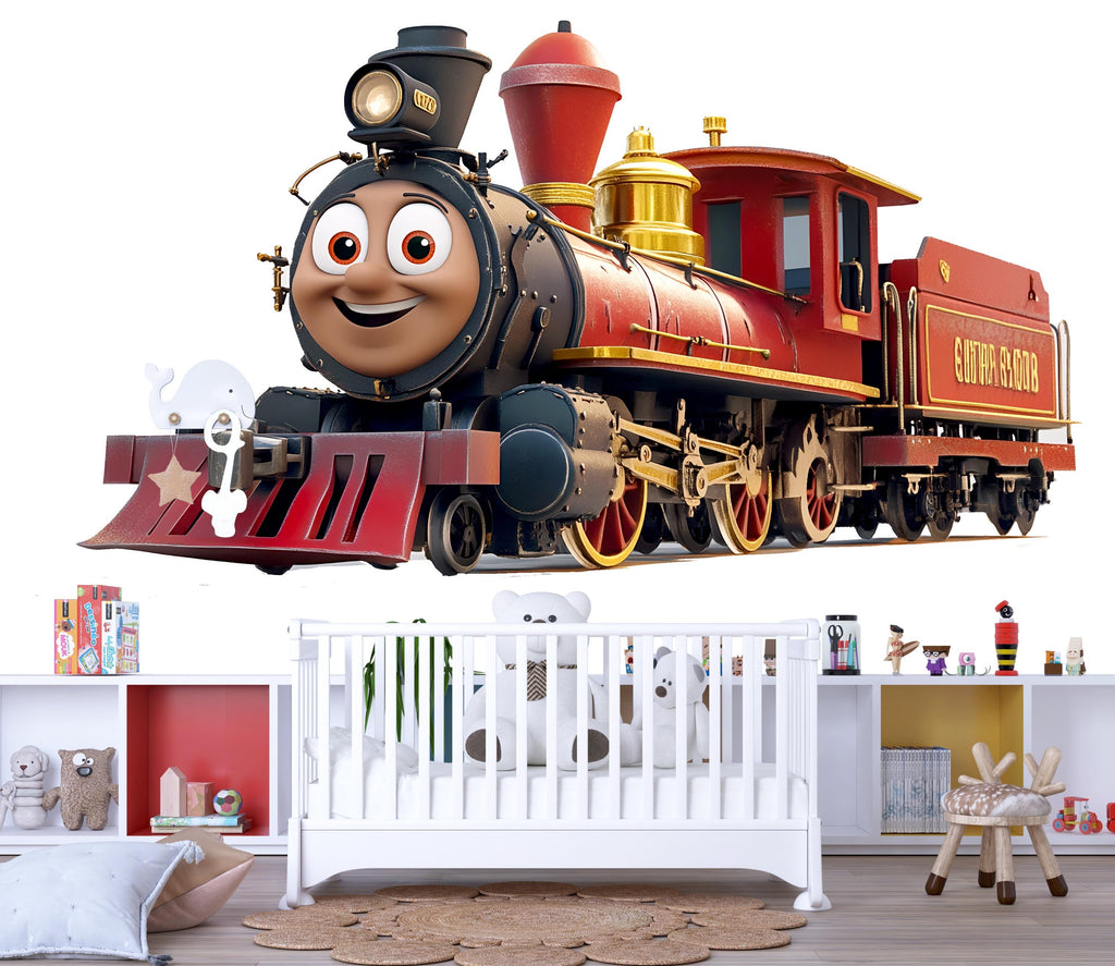 Cute Red Train Wall Decal for Kids Room, Smiling Steam Train Nursery Decor, Cartoon Train Wall Sticker, Playroom Art 190mv