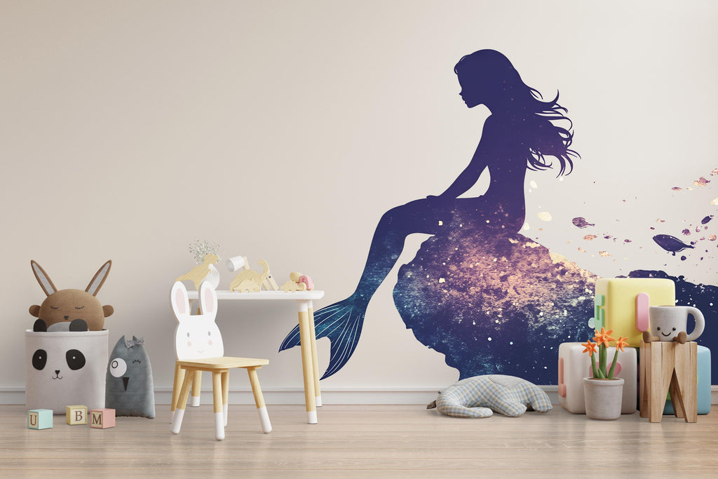 Celestial Mermaid Wall Decal for Nursery, Mermaid Silhouette Wall Art, Ocean Nursery Decor, Girls Room Wall Sticker 208mv