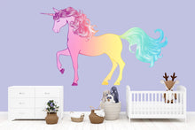 Load image into Gallery viewer, Unicorn Wall Mural, Rainbow Unicorn Art, Nursery Wall Decor, Kids Room Unicorn 216mv