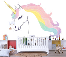 Load image into Gallery viewer, Unicorn Wall Mural, Rainbow Mane Unicorn, Nursery Wall Decor, Kids Room Art 217mv