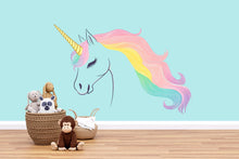 Load image into Gallery viewer, Unicorn Wall Mural, Rainbow Mane Unicorn, Nursery Wall Decor, Kids Room Art 217mv