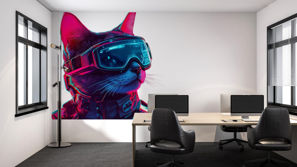 Cyber Cat Wall Decal, Futuristic Cat Wall Art Sticker, Neon Cat Wall Decor, Tech Animal Wall Art, Modern Statement Wall Decal