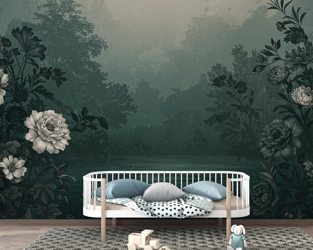 Luxury Floral Lake Wallpaper – Moody Watercolor Botanical Landscape Peel and Stick, Cinematic Elegant Wall Mural Art