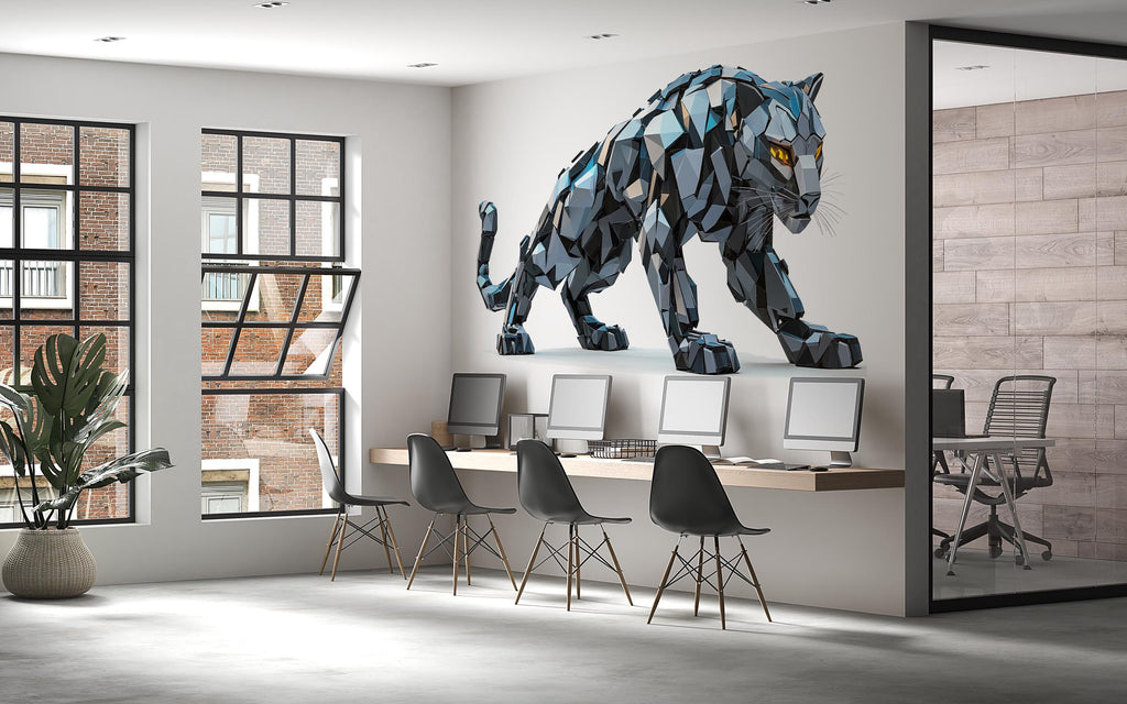 Blue Geometric Panther Wall Decal, Modern Panther Wall Art Sticker, Abstract Big Cat Wall Decor, Polygon Animal Wall Art, Office Statement