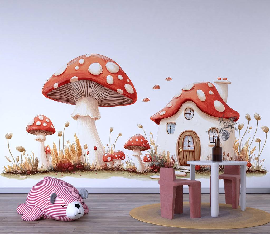 Mushroom Cottage Wall Decal, Fairy House Nursery Wall Art, Woodland Mushroom Wall Sticker, Kids Room Decor, Storybook Nursery 232mv