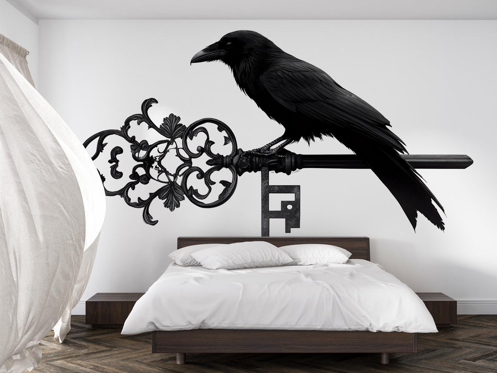 Gothic Raven Wall Art, Black Crow Wall Decal, Vintage Key Wall Decor, Dark Gothic Home Decor, Raven Wall Sticker 233mv