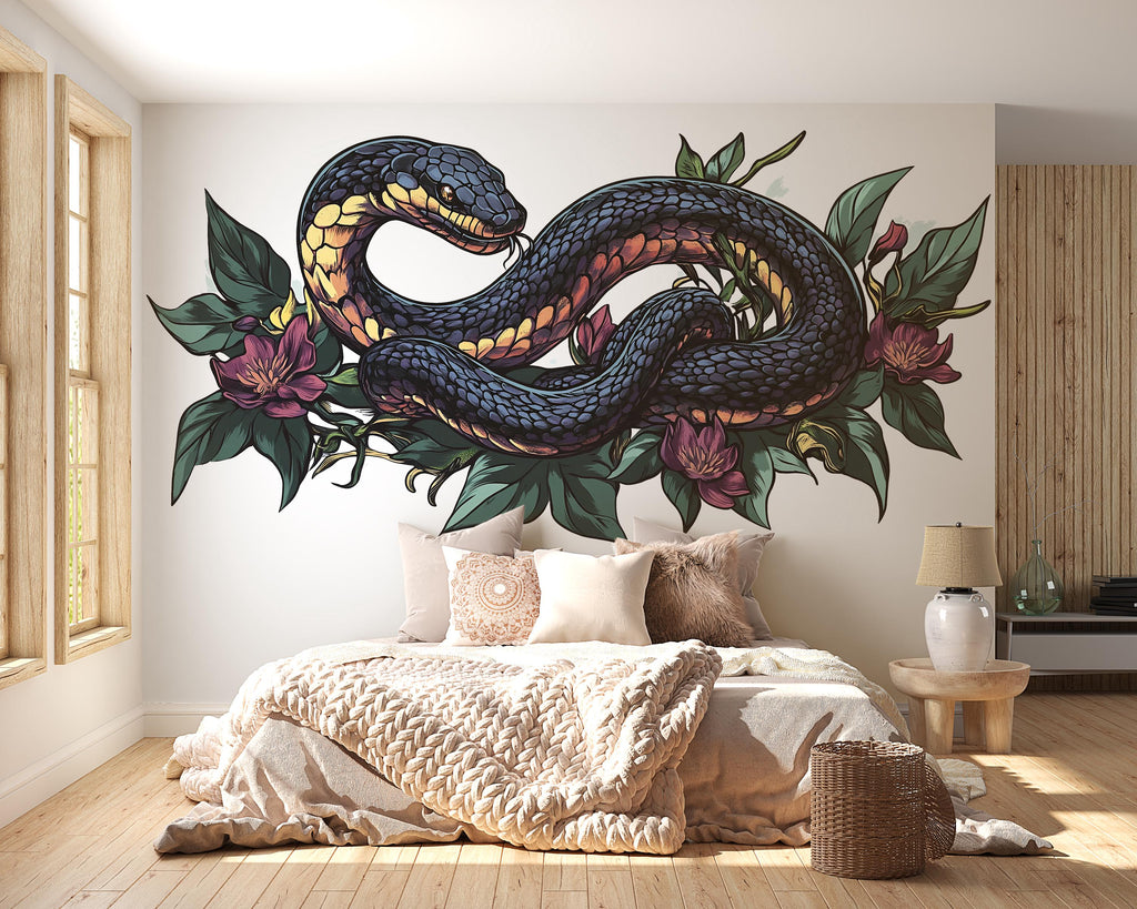 Floral Snake Wall Art, Botanical Serpent Wall Decor, Dark Boho Snake Art, Gothic Floral Wall Decal, Nature Statement Art 241mv