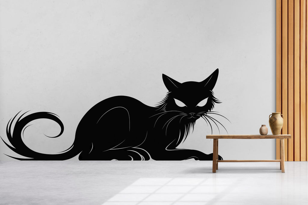 Black Cat Wall Art, Witchy Cat Wall Decor, Gothic Cat Silhouette, Minimal Cat Wall Decal, Mystical Home Decor 245mv