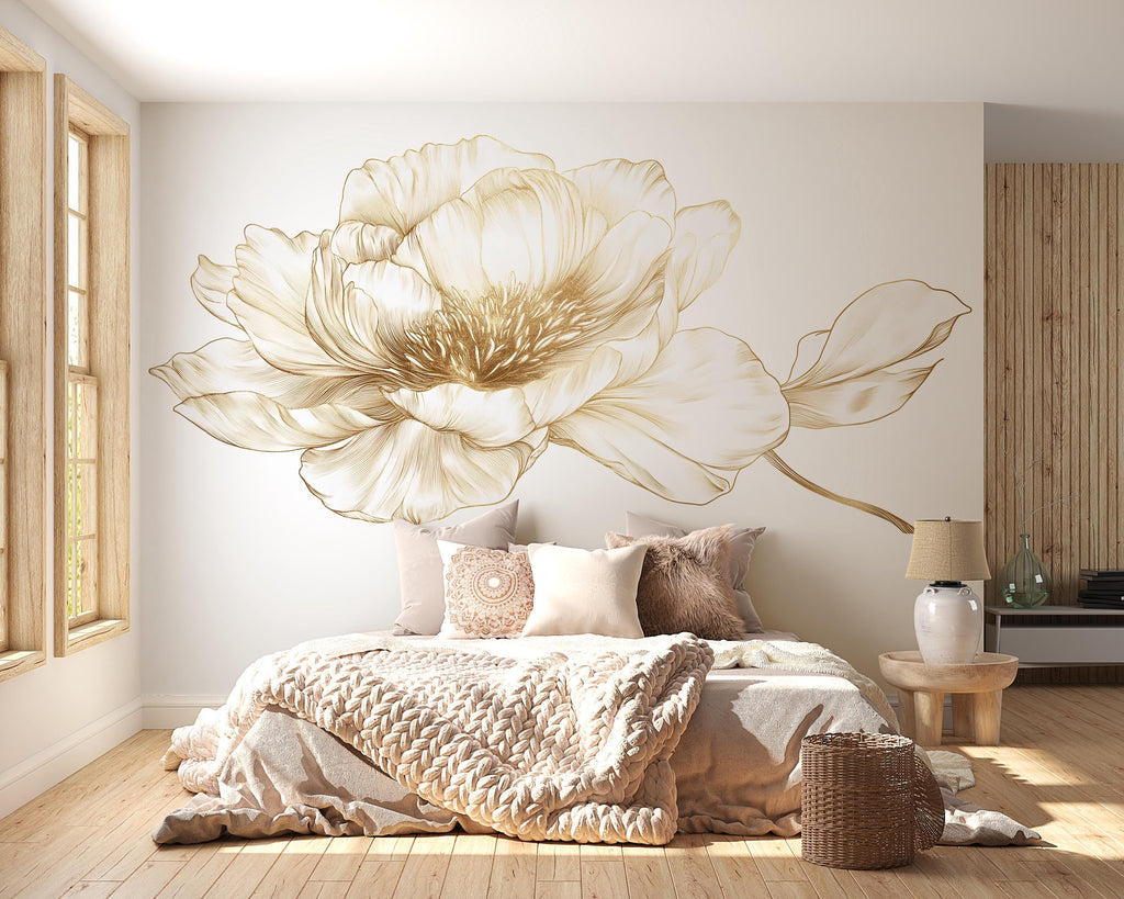 Gold Floral Wall Art, Minimal Flower Line Art, Elegant Botanical Wall Decor, Neutral Bedroom Wall Art, Luxury Floral Art Art 249mv