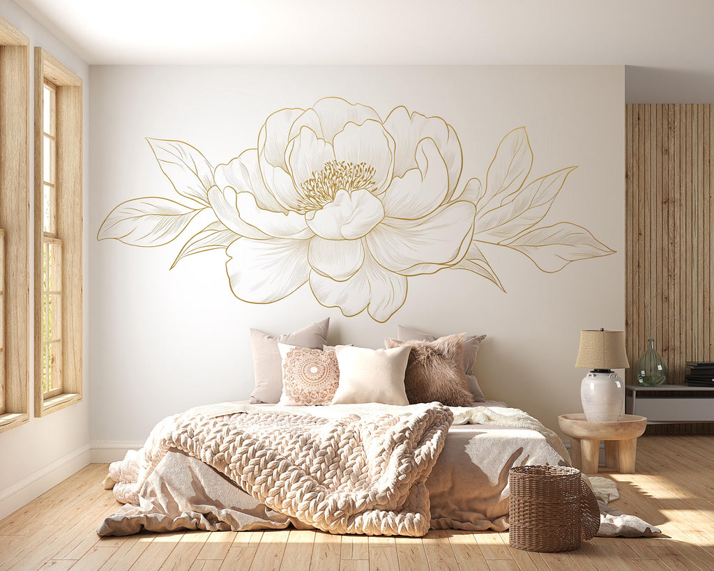 Gold Peony Wall Art, Floral Line Art Decor, Minimal Botanical Wall Art, Neutral Bedroom Decor, Elegant Flower Art Art 250mv