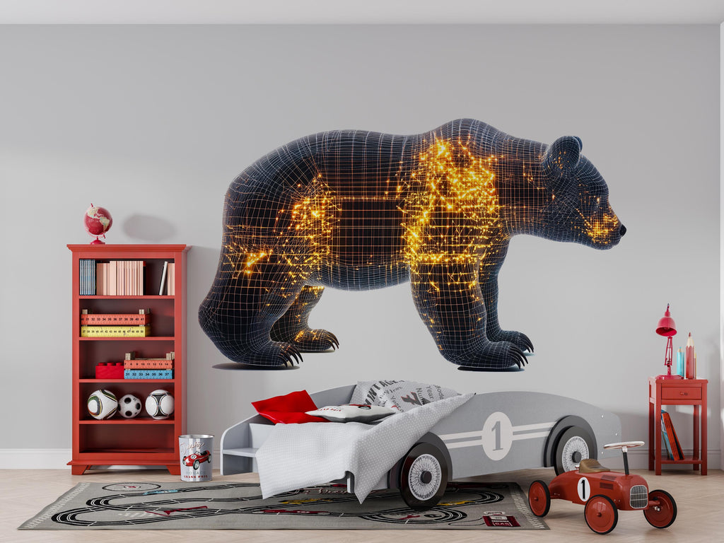 Futuristic Bear Wall Decal, Tech Bear Wall Art Sticker, Modern Bear Nursery Decor, Digital Animal Wall Decal, Kids Room Bear Wall Art