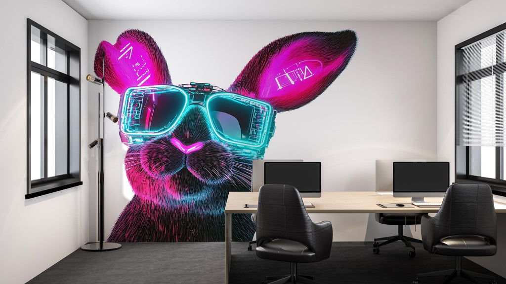 Cyberpunk Bunny Wall Decal, Neon Rabbit Wall Art Sticker, Futuristic Animal Wall Decor, Gaming Room Wall Decal, Modern Kids Room Decor