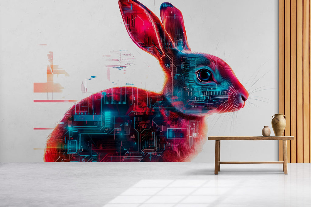 Cyber Glitch Bunny Wall Decal, Futuristic Rabbit Wall Art Sticker, Digital Bunny Wall Decor, Gaming Room Wall Decal, Modern Kids Room Decor