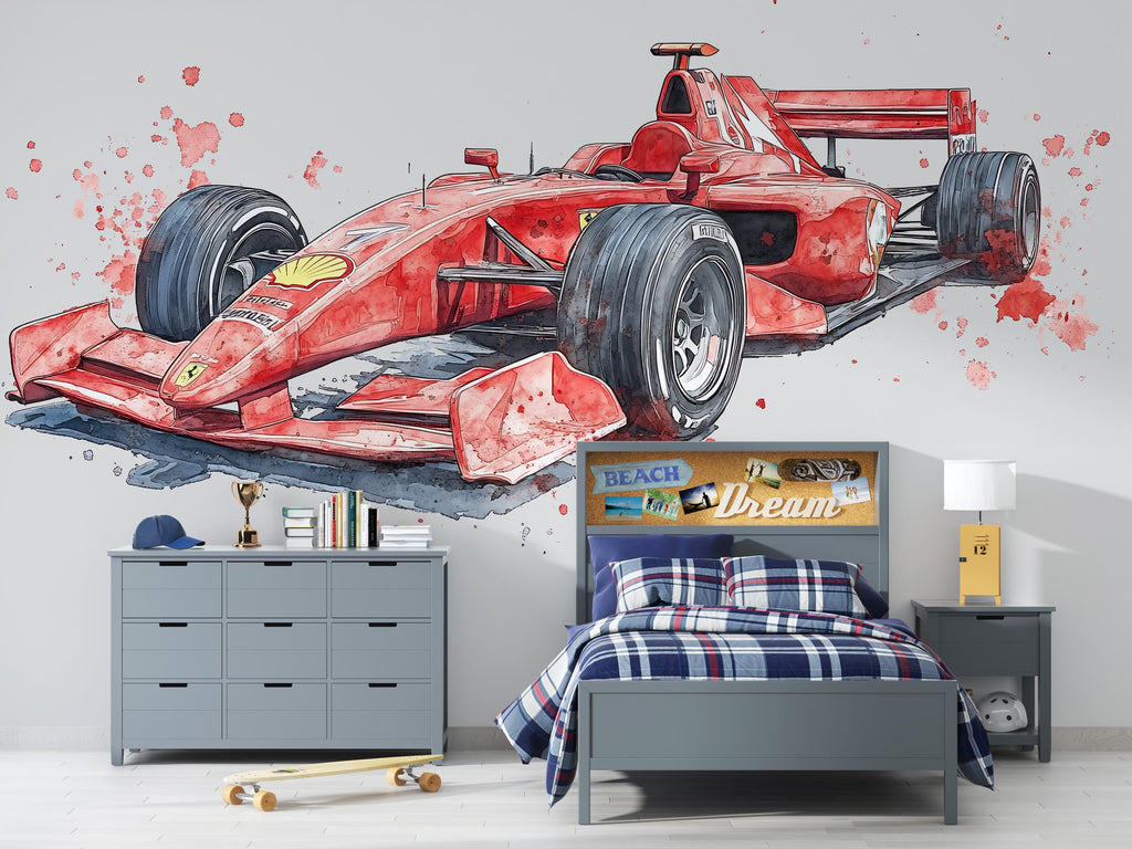 Watercolor Race Car Wall Mural Kids Room Formula Car Wallpaper Boys Decor 265mv