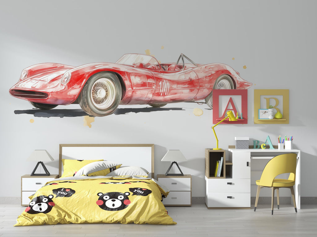 Vintage Race Car Wall Mural Kids Room Watercolor Car Nursery Decor 266mv