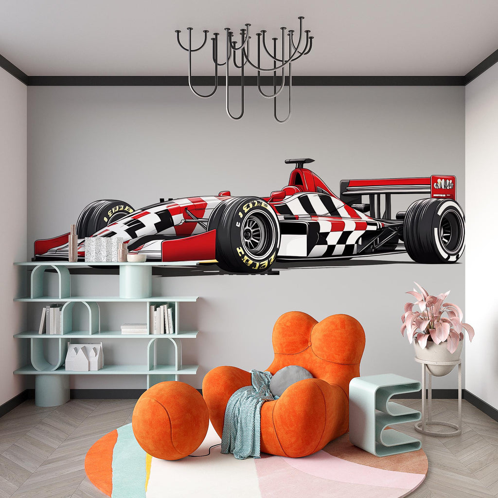 Checkered Formula Race Car Wall Mural Kids Room Racing Car Decor 270mv